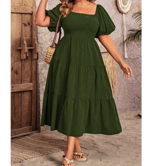 Solid Smocked Bodice Puff Sleeve Ruffle Hem Dress - Picture 5 of 7